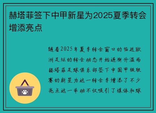 赫塔菲签下中甲新星为2025夏季转会增添亮点 赫塔菲签下中甲新星为2025夏季转会增添亮点